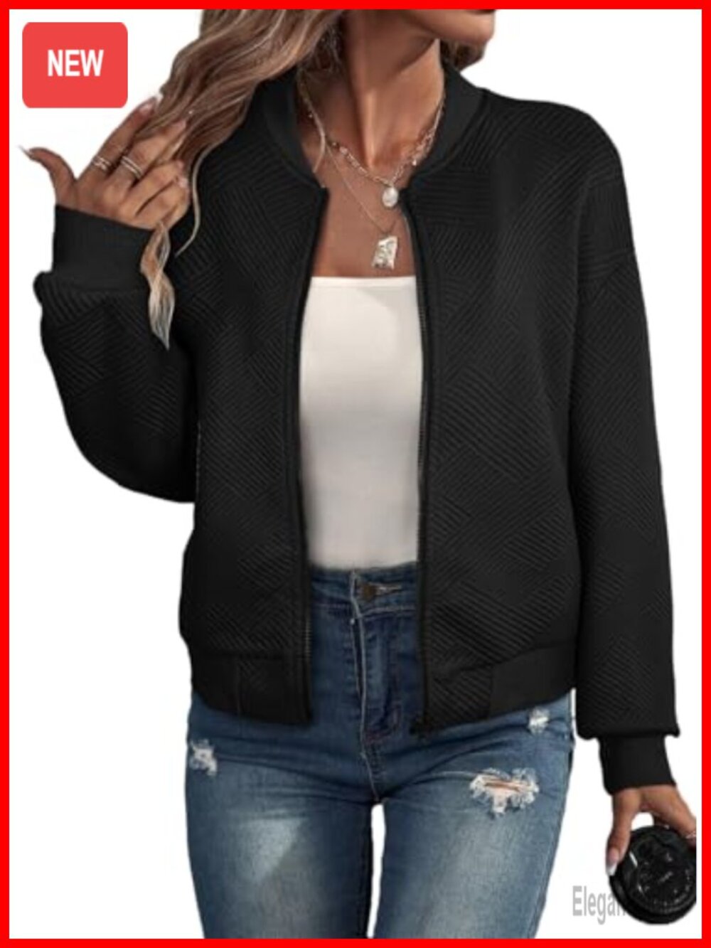 Womens Bomber Jacket Casual Stand Collar Zip Up Coat with Pockets